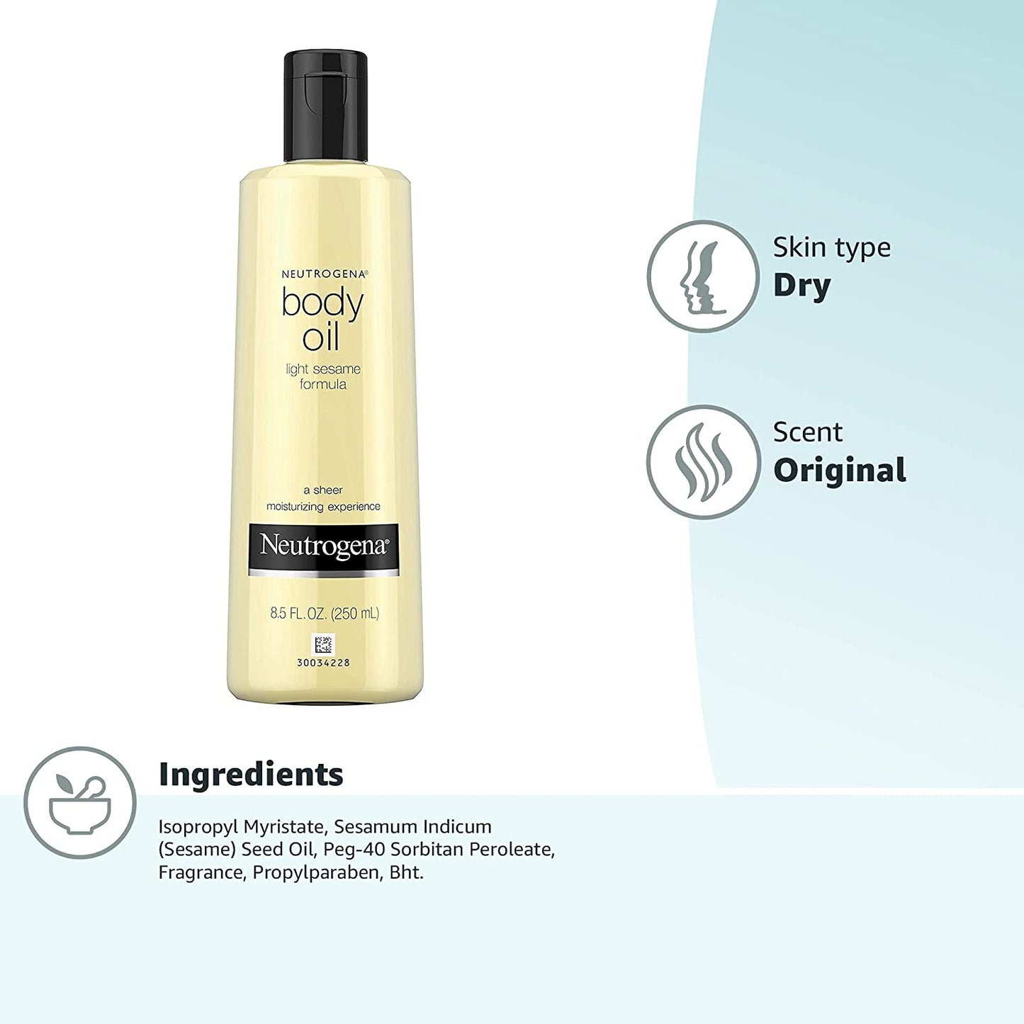 Body Oil Light Sesame Formula, Dry Skin Moisturizer & Hydrating Body Massage Oil, for Radiant & Healthy Looking Glow, Nourishing Bath Oil for Sheer Moisture, 8.5 Fl. Oz