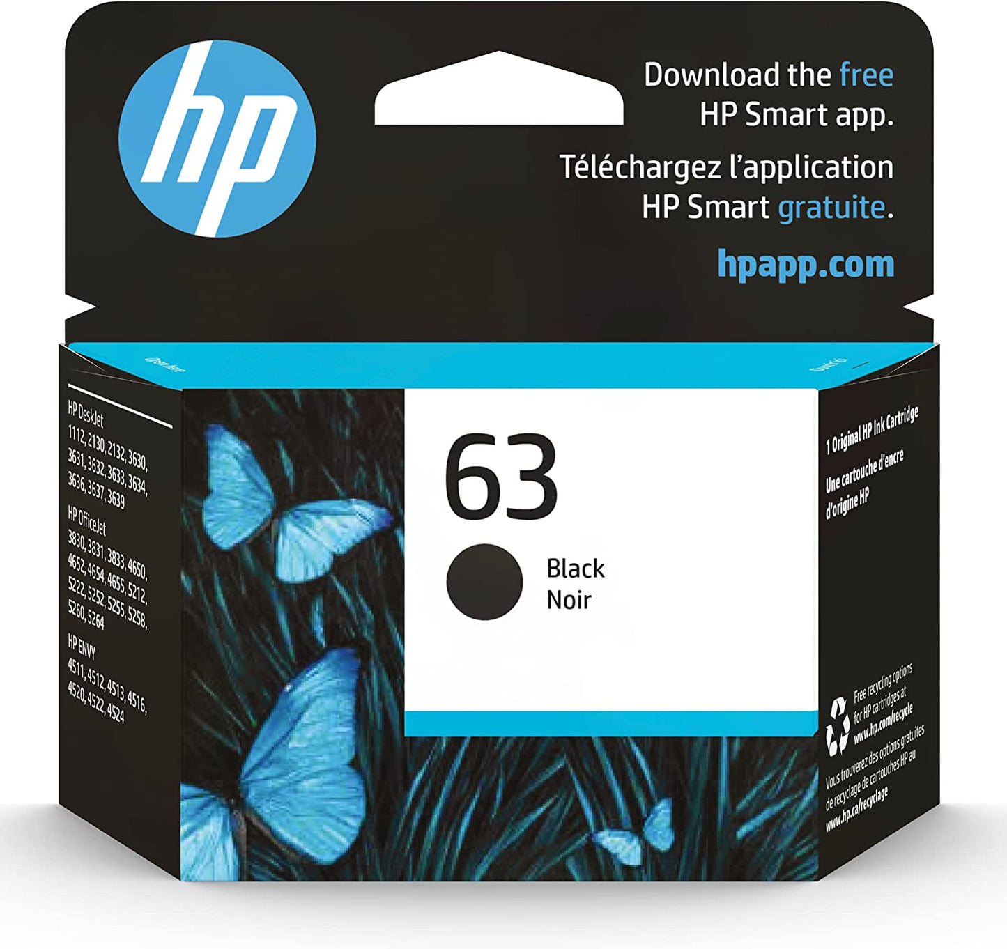 63 Black Ink Cartridge | Works with Deskjet 1112, 2130, 3630 Series; ENVY 4510, 4520 Series; Officejet 3830, 4650, 5200 Series | Eligible for Instant Ink | F6U62AN