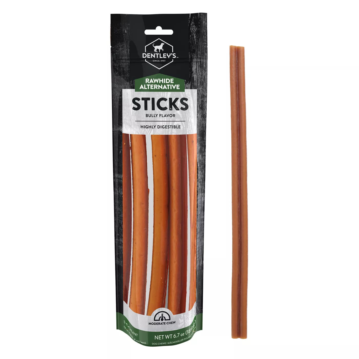 Dentleys`s Rawhide-Free Chew Sticks with Real Bully Highly Digestible 5 Sticks 12 Inch Sticks