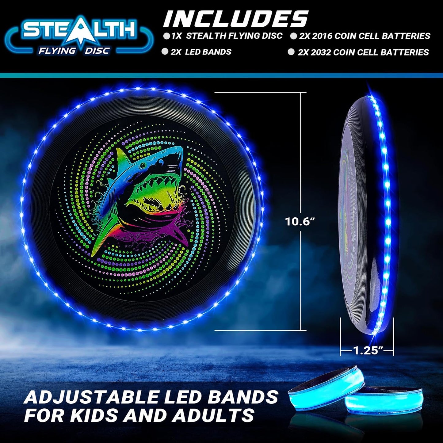 Stealth LED Flying Disc- Light up Disc for Adults and Kids, 49 Leds Glow in the Dark Disk, 2 Arm Bands, Sport Golf Ultimate Outdoor Game Set, Waterproof Glow Hover Disks (Black/Blue)