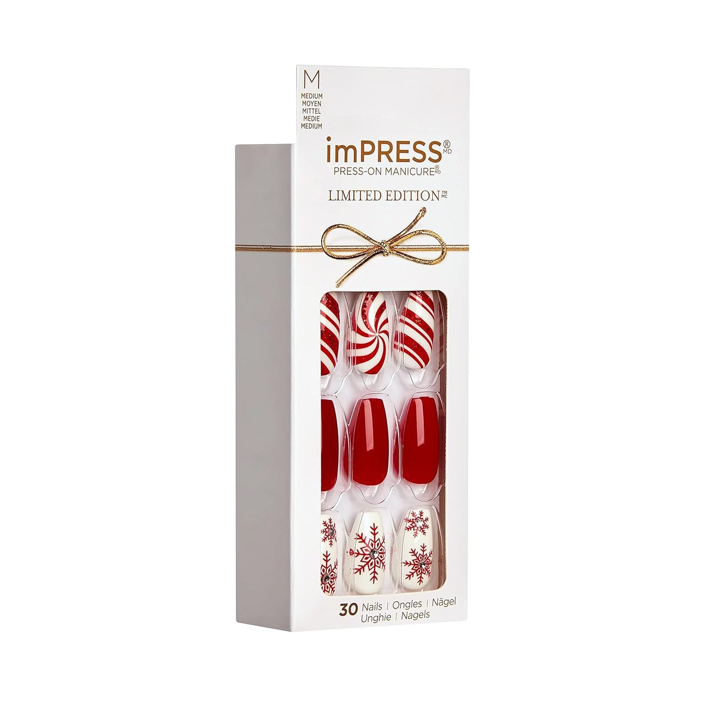 KISS Limited Edition Holiday Press-On Manicure with Purefit Technology, Medium Length, Coffin Shaped, Red Press-On Nails, Style 'Tis the Season’