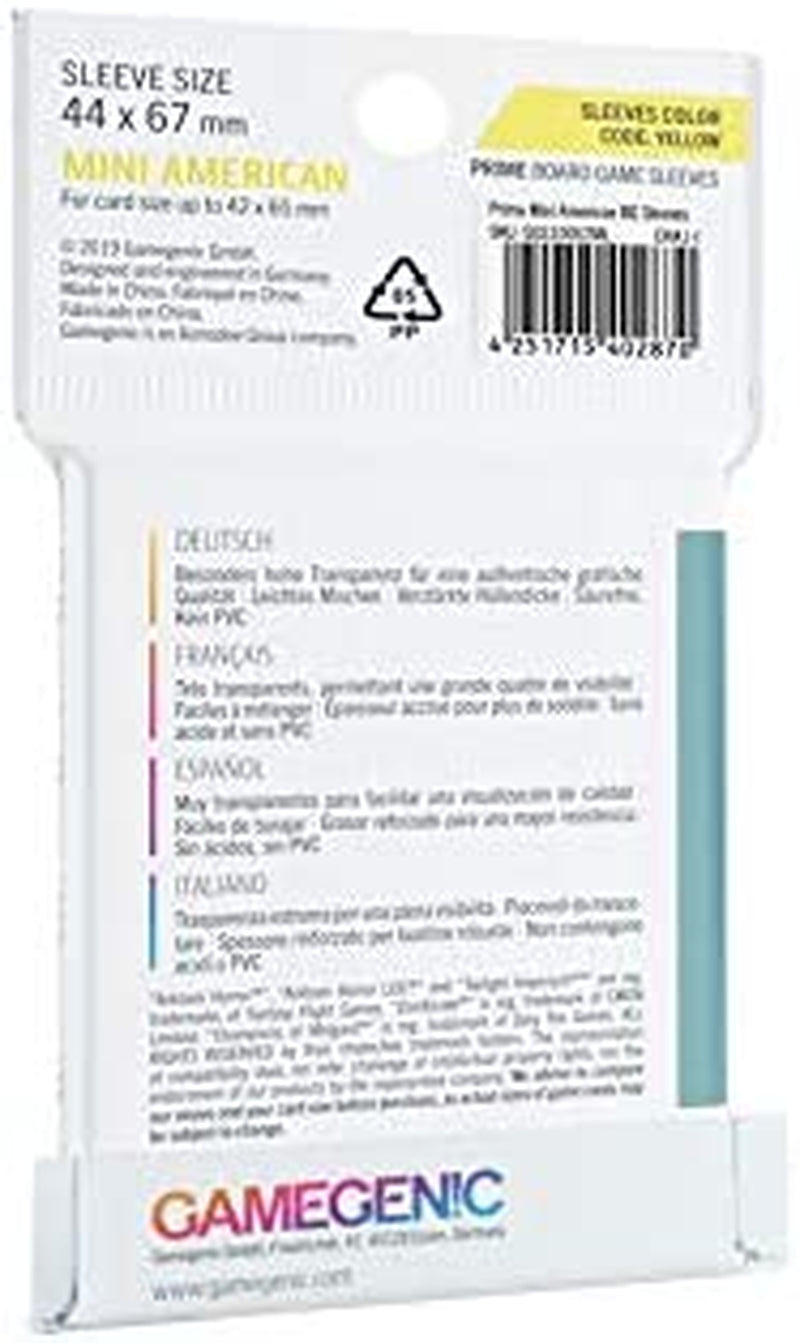 Prime Board Game Sleeves | Pack of 50 Extra-Clear Sleeves | 44 by 67 Mm Card Sleeves Optimized for Mini American Card Games | Premium Card Protection | FFG Yellow Color Code | Made by