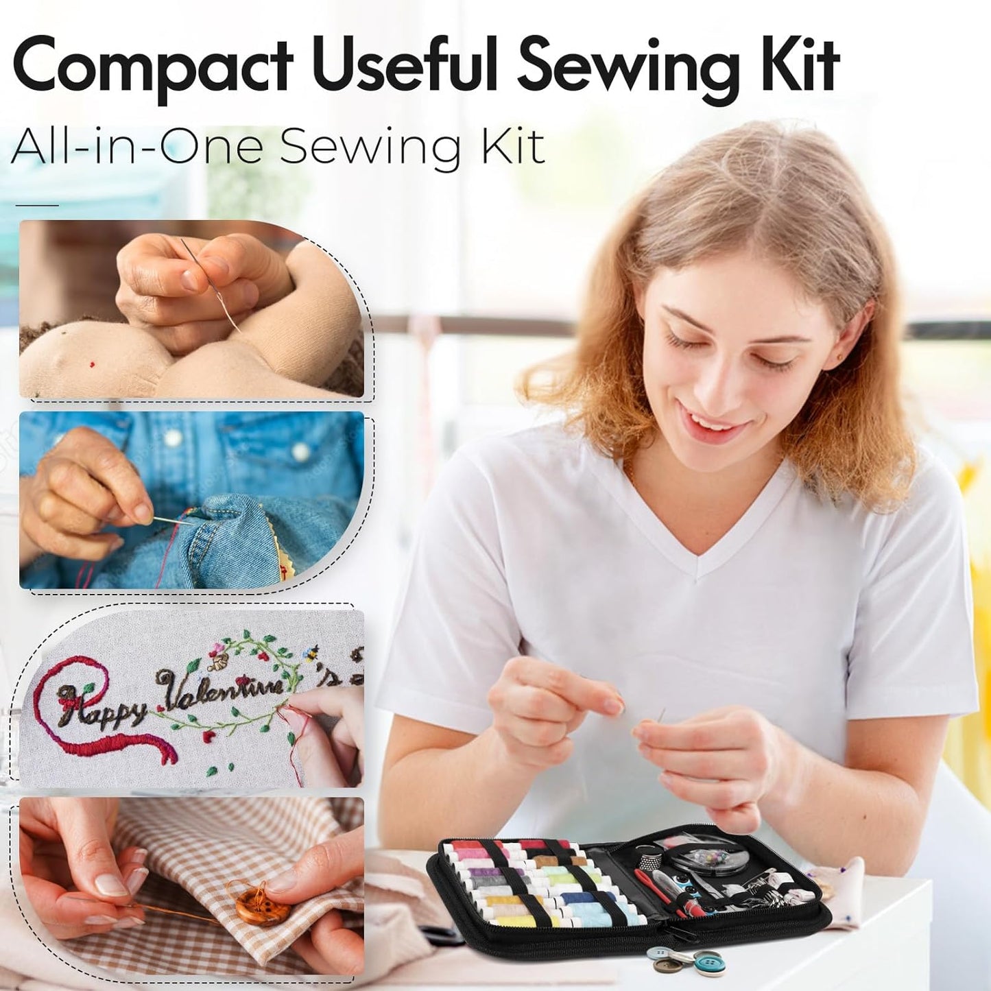 Sewing Kit Gifts for Grandma, Mom, Friend, Adults Beginner Kids Traveler, Portable Sewing Supplies Accessories with Case Contains Thread, , Scissors, Measure Tape, Thimble Etc(Black, M)