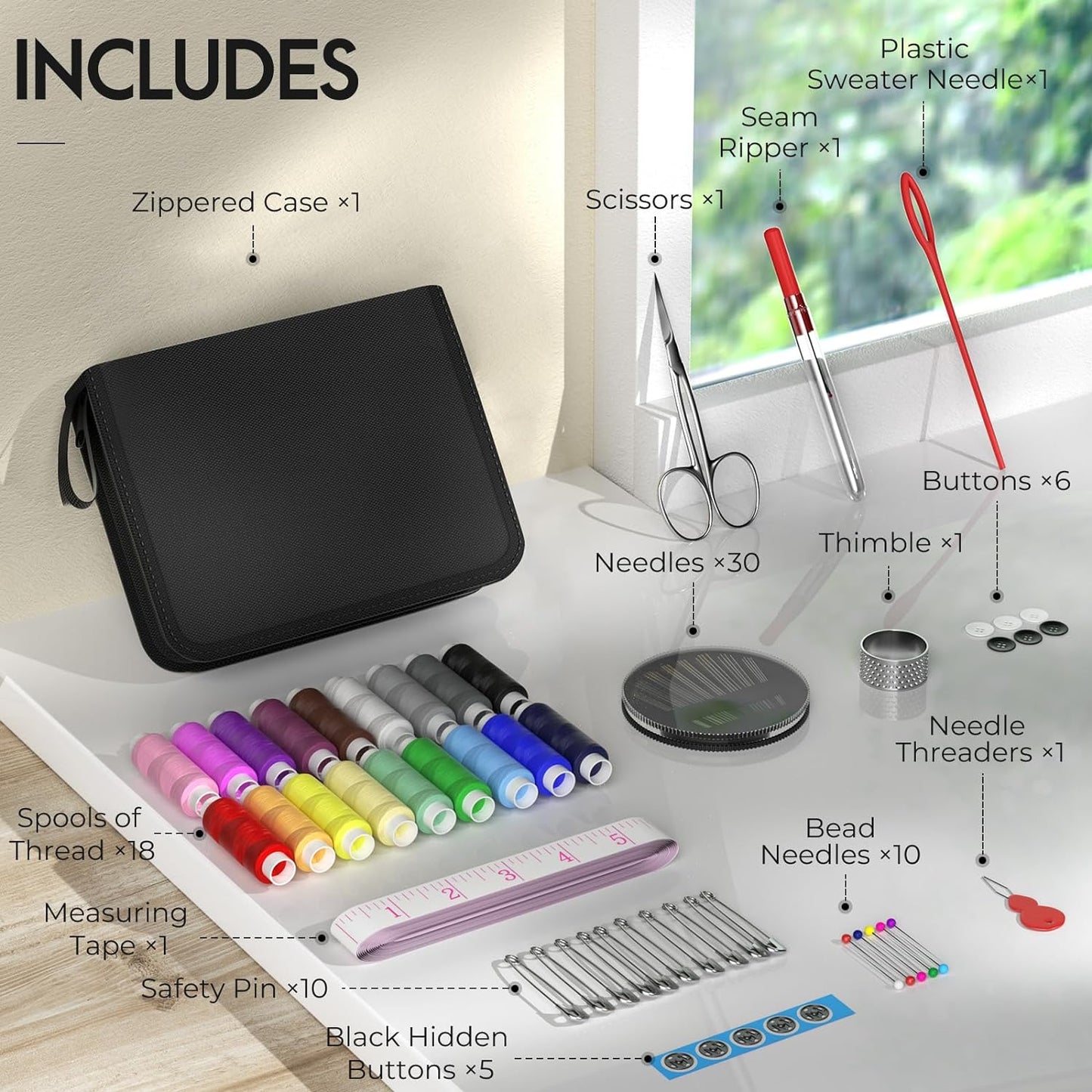 Sewing Kit Gifts for Grandma, Mom, Friend, Adults Beginner Kids Traveler, Portable Sewing Supplies Accessories with Case Contains Thread, , Scissors, Measure Tape, Thimble Etc(Black, M)