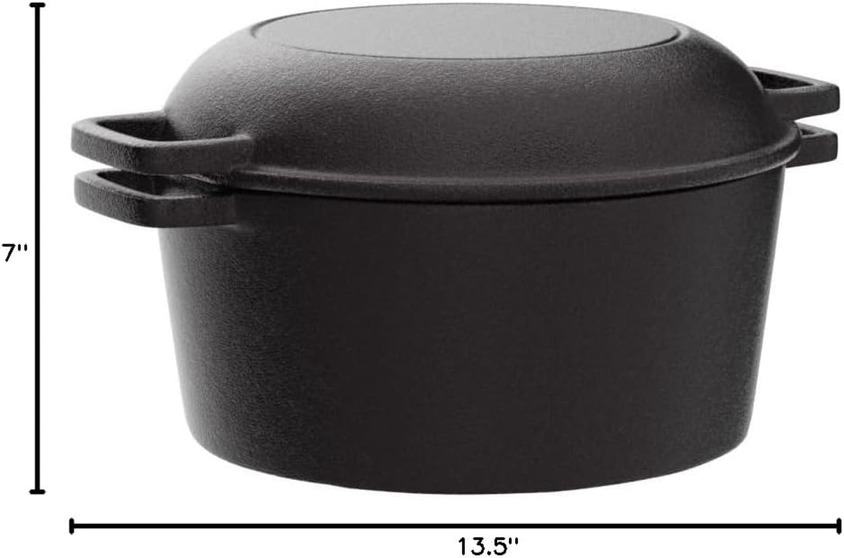 2-In-1 Pre-Seasoned Cast Iron Dutch Oven with Handles - Crock Pot Black Cast Iron Pot with Skillet Lid - All-In-One Cookware Braising Pan for Casserole Dish - 5 Quart - Black