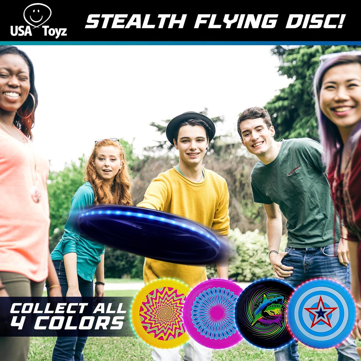 Stealth LED Flying Disc- Light up Disc for Adults and Kids, 49 Leds Glow in the Dark Disk, 2 Arm Bands, Sport Golf Ultimate Outdoor Game Set, Waterproof Glow Hover Disks (Black/Blue)