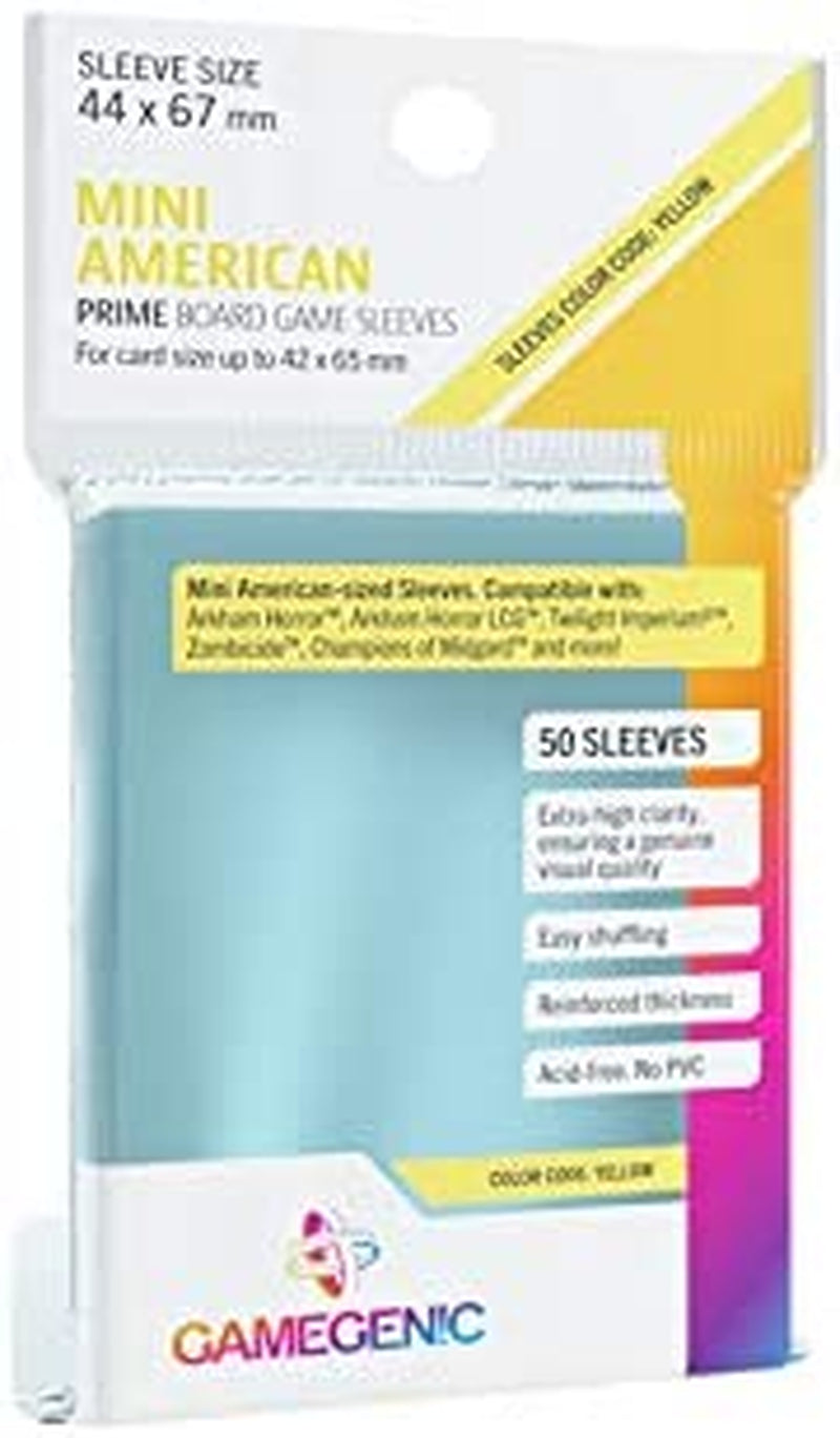 Prime Board Game Sleeves | Pack of 50 Extra-Clear Sleeves | 44 by 67 Mm Card Sleeves Optimized for Mini American Card Games | Premium Card Protection | FFG Yellow Color Code | Made by