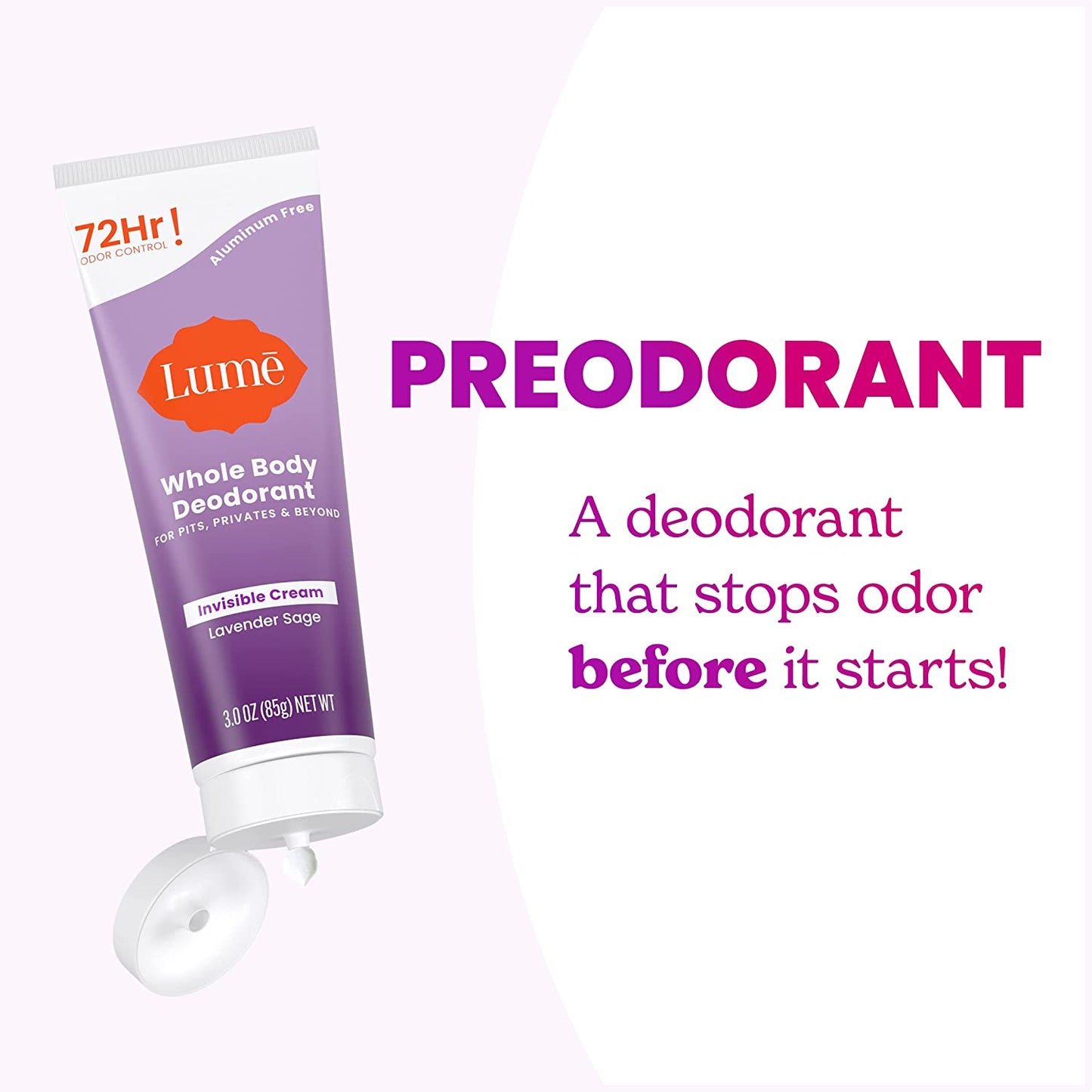 Whole Body Deodorant - Invisible Cream Tube - 72 Hour Odor Control - Aluminum Free, Baking Soda Free, Skin Safe - 3.0 Ounce (Lavender Sage)