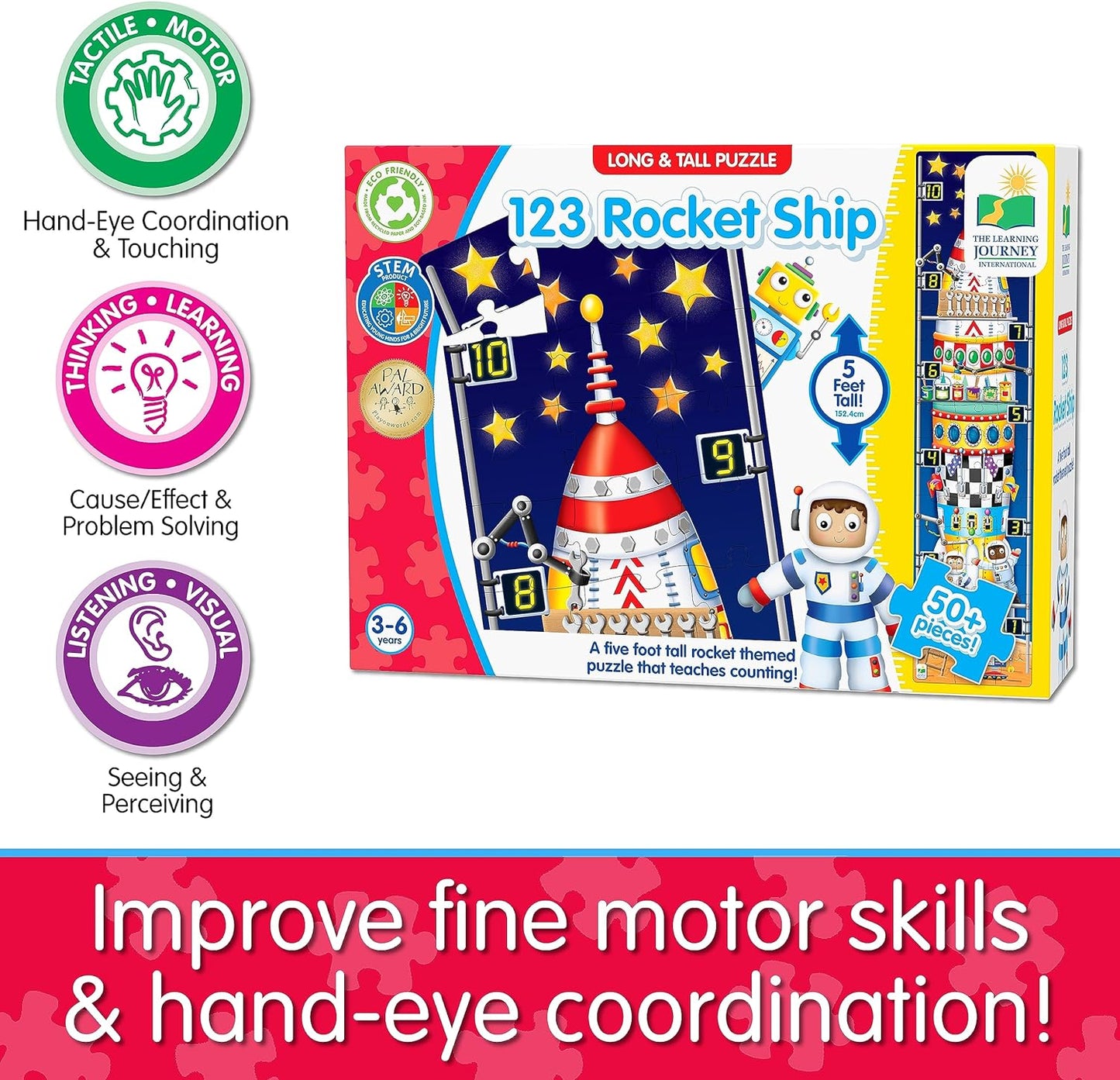 Long and Tall Puzzles - 123 Rocket Ship - 51 Piece, 5-Foot-Long Preschool STEM Puzzle, Learning Puzzles for Kids Ages 3-5, Educational Gifts for Boys & Girls Ages 3 and Up