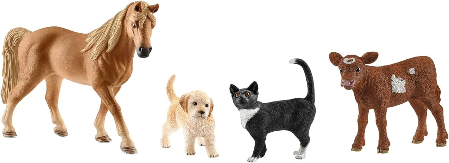 Farm World 4Pc Animal Figurine Starter Playset - Educational Farm Animal Collection Starter Kit Toy with Cat, Horse, Puppy, and Calf, Durable for Boys and Girls, Gift for Kids Ages 3+