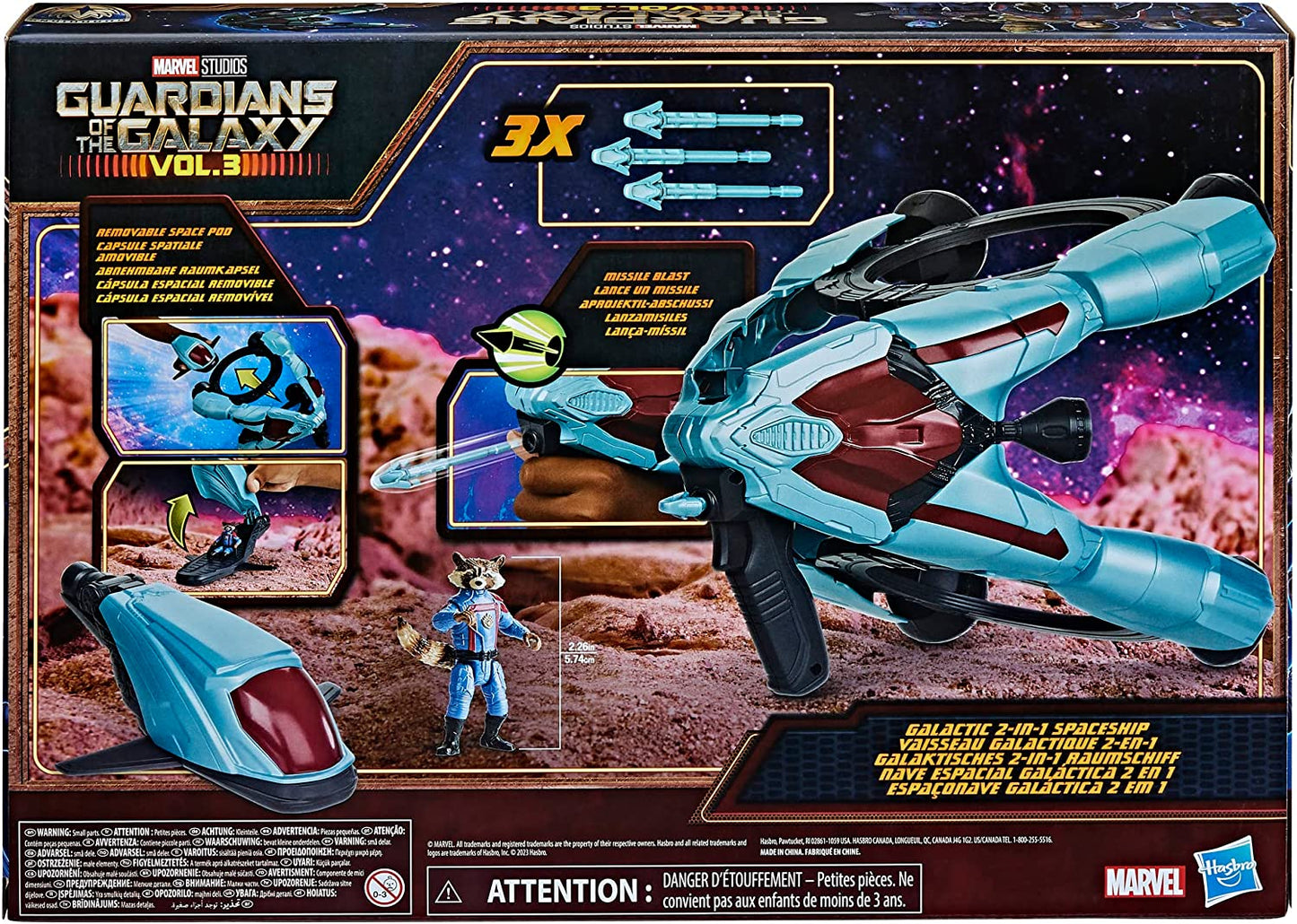 Hasbro Guardians of the Galaxy Vol.3 Galactic Spaceship,Rocket Action Figure with Vehicle and Blaster Accessory,Superhero Toys for Kids