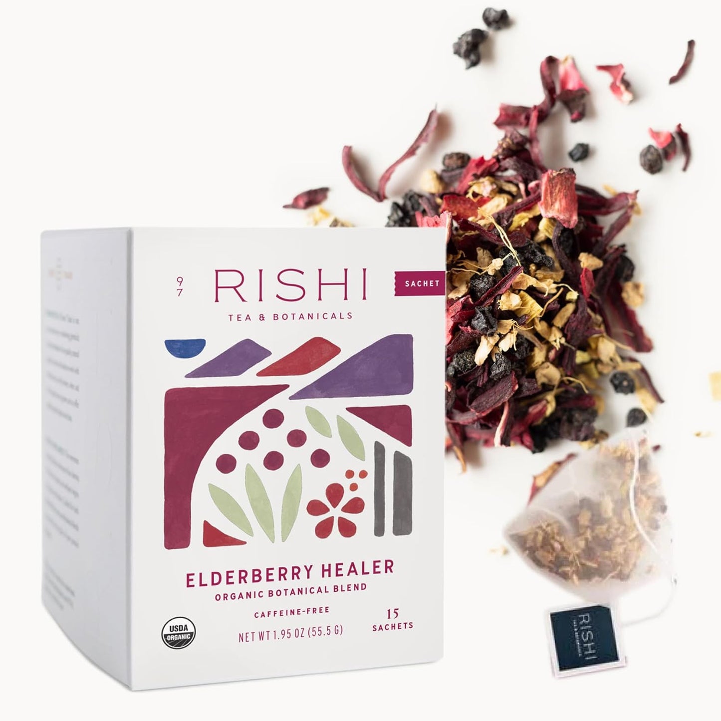 Elderberry Healer Herbal Tea | USDA Organic Direct Trade Sachet Tea Bags, Certified Kosher, Caffeine Free Elderberry with Ginger Root, Hibiscus Flowers, & Licorice Root | 15 Count (Pack of 1)