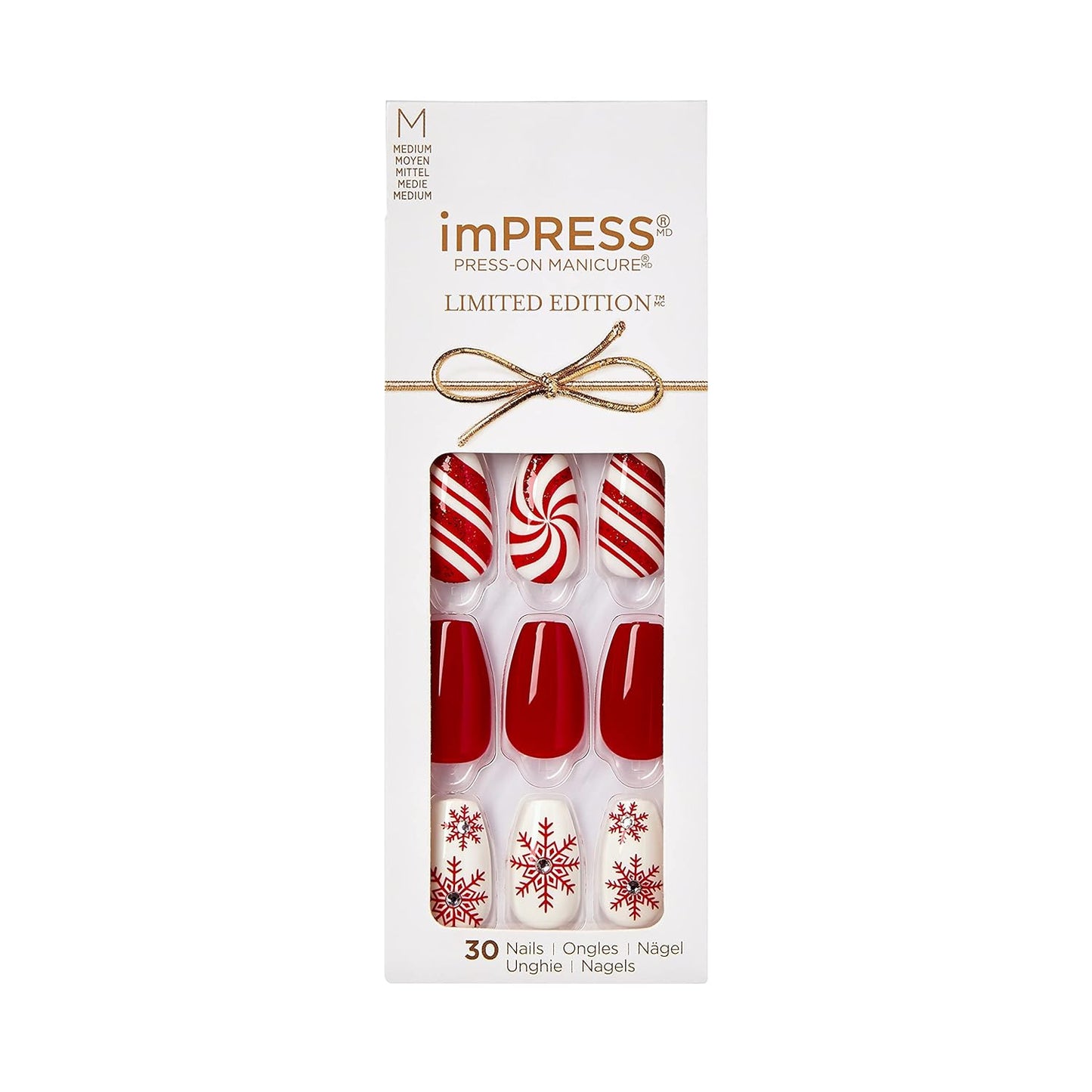 KISS  Limited Edition Holiday Press-On Manicure with Purefit Technology, Medium Length, Coffin Shaped, Red Press-On Nails, Style 'Tis the Season’