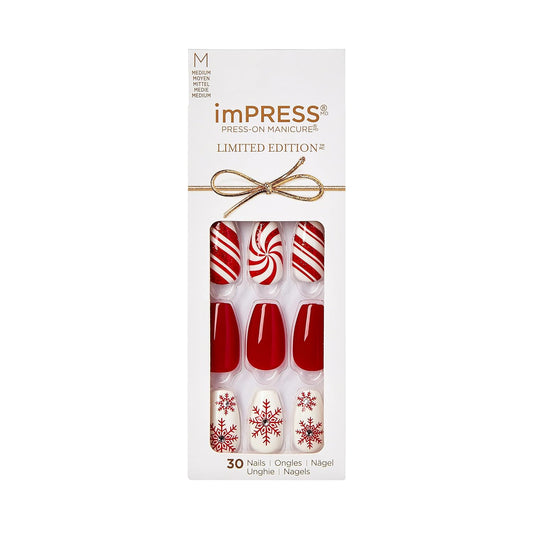 KISS  Limited Edition Holiday Press-On Manicure with Purefit Technology, Medium Length, Coffin Shaped, Red Press-On Nails, Style 'Tis the Season’