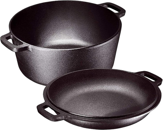 2-In-1 Pre-Seasoned Cast Iron Dutch Oven with Handles - Crock Pot Black Cast Iron Pot with Skillet Lid - All-In-One Cookware Braising Pan for Casserole Dish - 5 Quart - Black