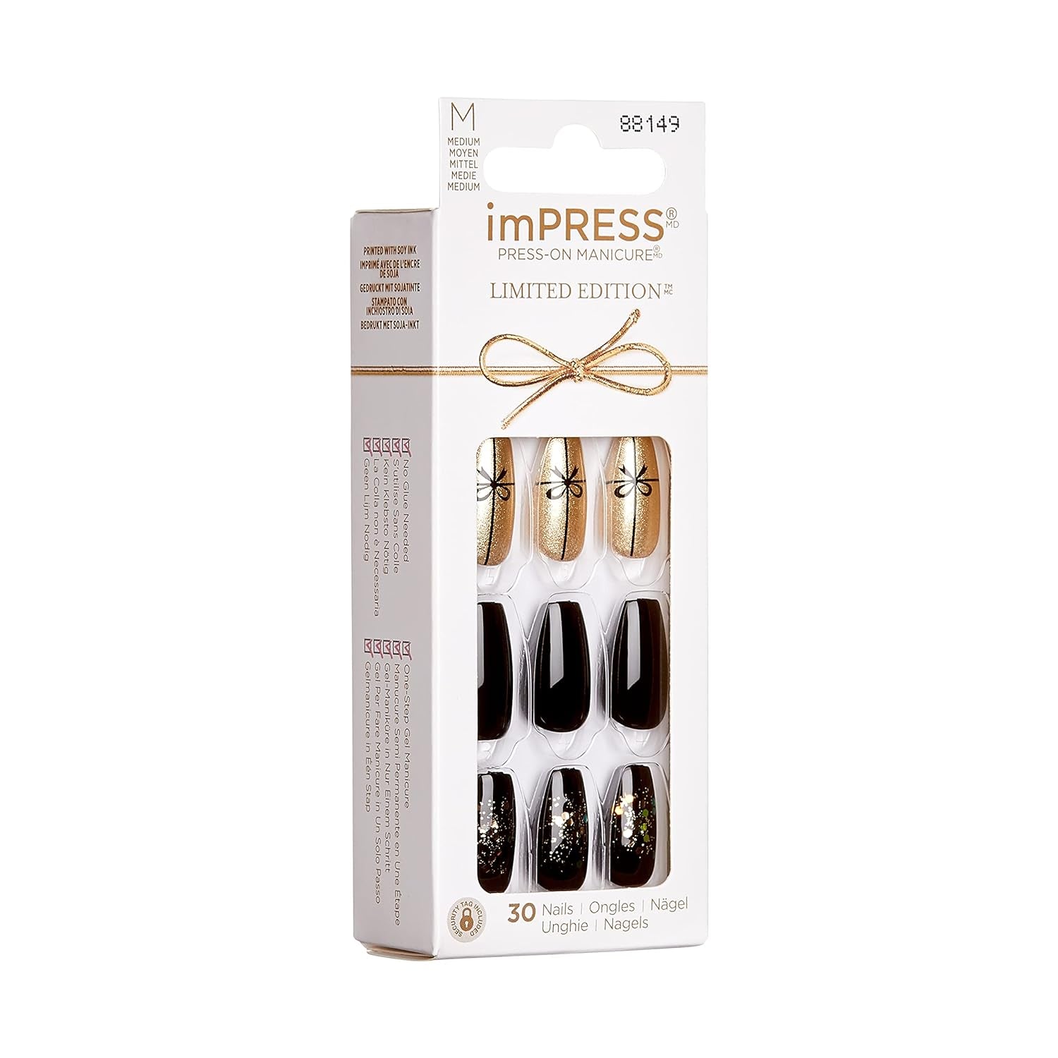 KISS  Limited Edition Holiday Press-On Manicure with Purefit Technology, Medium Length, Coffin Shaped, Black Press-On Nails, Style 'Naughty or Nice’