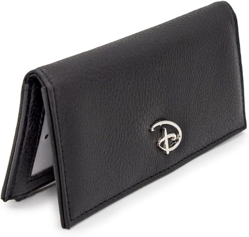 Disney Wallet, Fold Over, Snap Pouch, Disney Signature D Logo Silver, Black Vegan Leather