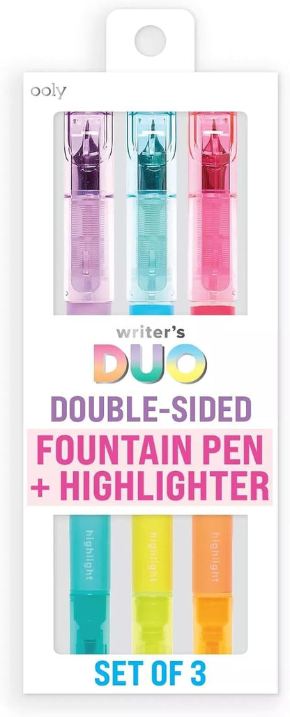 Writer'S Duo Highighter & Fountain Pen Combo - Set of 3-3 Different Colored Fountain Pen Tip-For Note Taking, Calligraphy Drawing, Art Supplies, School Supplies for Kids & Adults [Writer'S Duo]