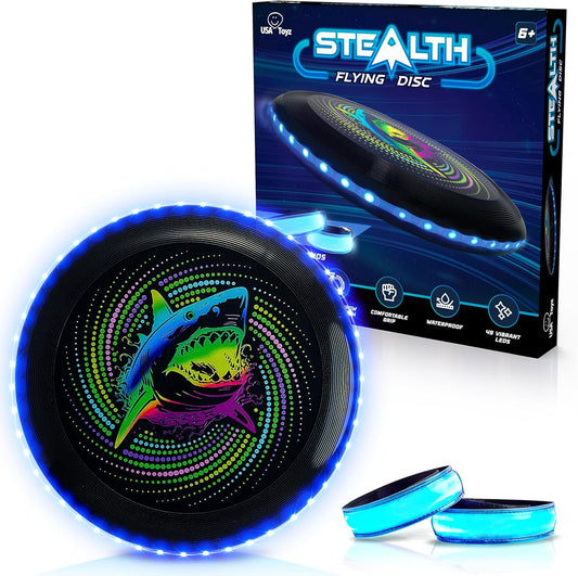 Stealth LED Flying Disc- Light up Disc for Adults and Kids, 49 Leds Glow in the Dark Disk, 2 Arm Bands, Sport Golf Ultimate Outdoor Game Set, Waterproof Glow Hover Disks (Black/Blue)