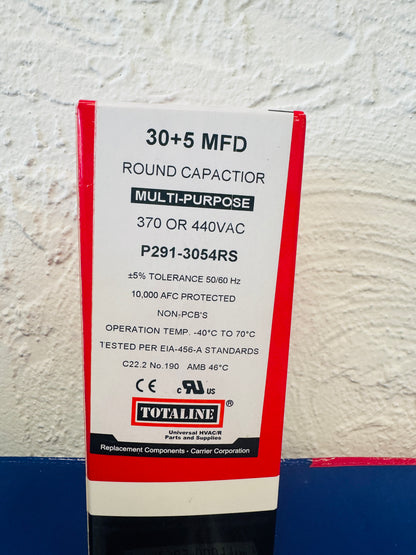 TOTALINE (TP-CAP-30/5/440R) 30+5 MFD (Microfarads) 440 Volt round Dual Run Capacitor | 60,000 Hour Operating Life, Aluminum Composition, -40°F to 158°F (-40°C to 70°C) Temperature Range