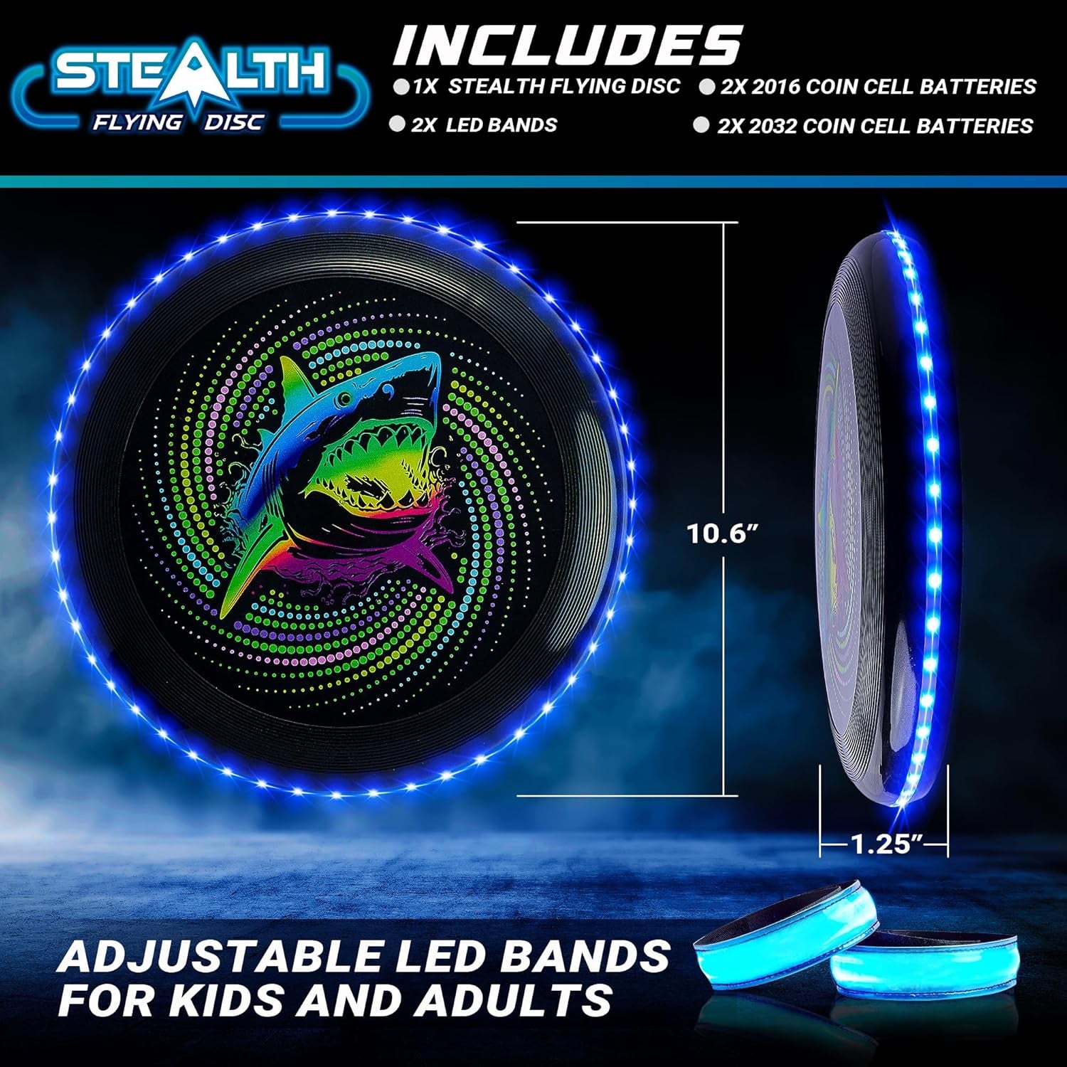 Stealth LED Flying Disc- Light up Disc for Adults and Kids, 49 Leds Glow in the Dark Disk, 2 Arm Bands, Sport Golf Ultimate Outdoor Game Set, Waterproof Glow Hover Disks (Black/Blue)