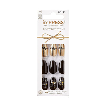 KISS  Limited Edition Holiday Press-On Manicure with Purefit Technology, Medium Length, Coffin Shaped, Black Press-On Nails, Style 'Naughty or Nice’