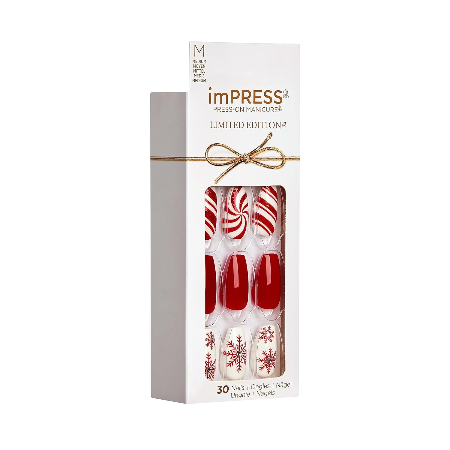 KISS  Limited Edition Holiday Press-On Manicure with Purefit Technology, Medium Length, Coffin Shaped, Red Press-On Nails, Style 'Tis the Season’