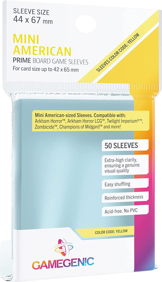 Prime Board Game Sleeves | Pack of 50 Extra-Clear Sleeves | 44 by 67 Mm Card Sleeves Optimized for Mini American Card Games | Premium Card Protection | FFG Yellow Color Code | Made by