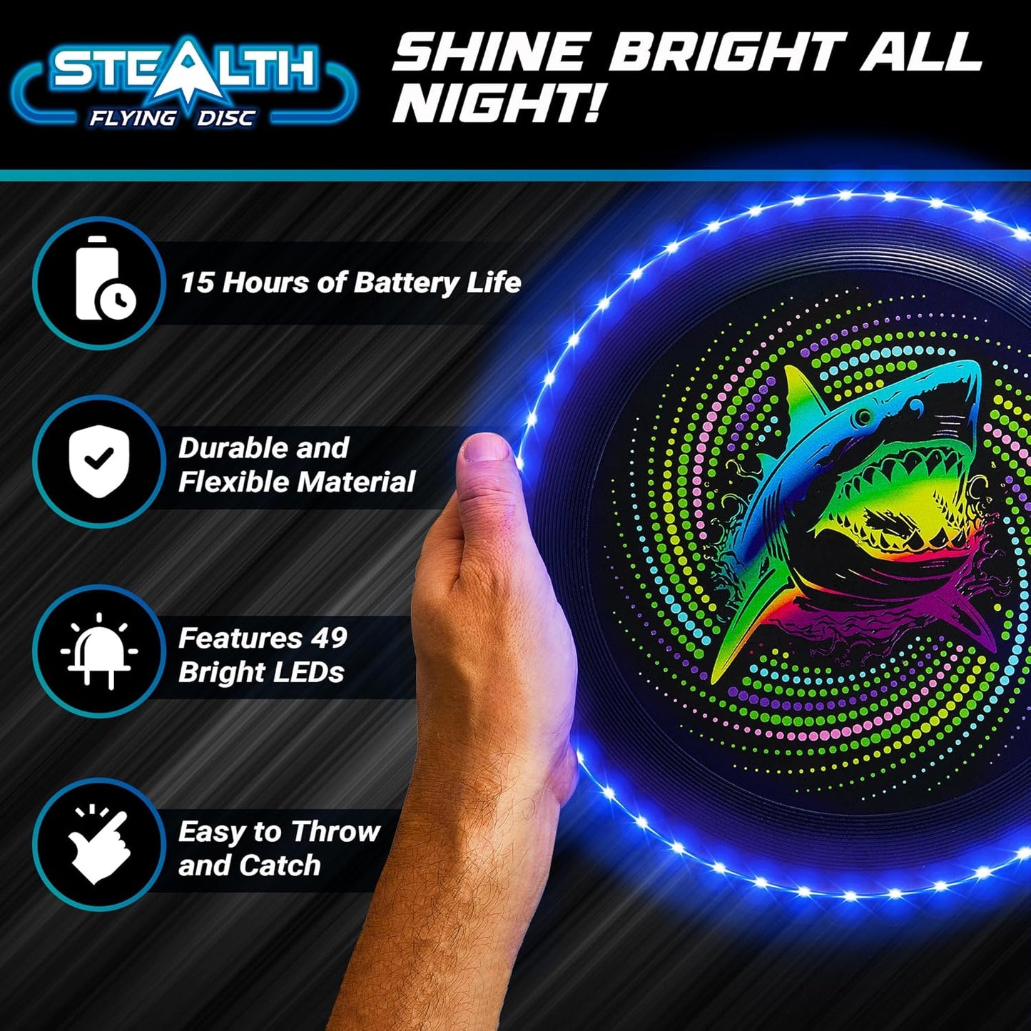Stealth LED Flying Disc- Light up Disc for Adults and Kids, 49 Leds Glow in the Dark Disk, 2 Arm Bands, Sport Golf Ultimate Outdoor Game Set, Waterproof Glow Hover Disks (Black/Blue)