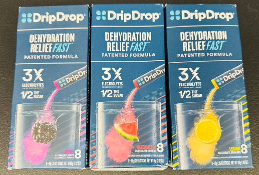 DripDrop ORS Electrolyte Hydration Powder Sticks, Lemon/Berry/Watermelon Variety Pack, 0.35 Sticks, 8 Count (Pack of 3)