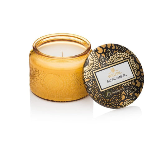 Baltic Amber Candle | Petite Embossed Glass Jar | 3.2 Oz. | 25 Hr Burn Time | Vegan | Coconut Wax and Natural Wicks for Clean Burning