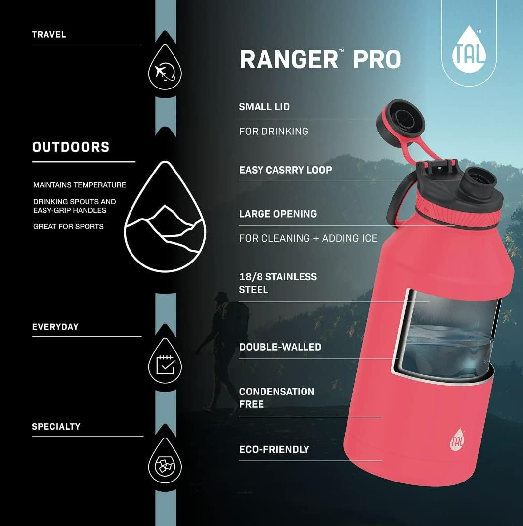 64OZ Ranger Pro Stainless Steel Vacuum Insulated Water Bottle - Leak-Proof Double Walled Thermos W/Carry Loop 80 Hrs Cold, 26 Hot Reusable Me Holds 8 Cups (WM2584) (Pink)