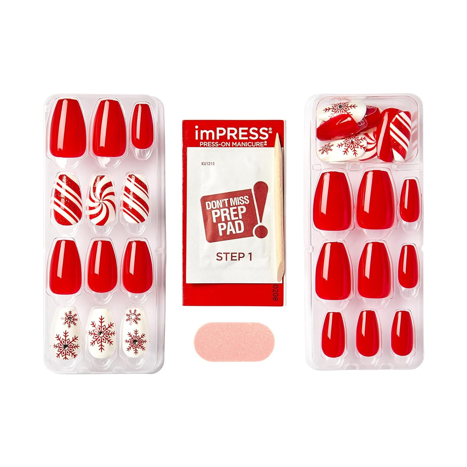 KISS  Limited Edition Holiday Press-On Manicure with Purefit Technology, Medium Length, Coffin Shaped, Red Press-On Nails, Style 'Tis the Season’