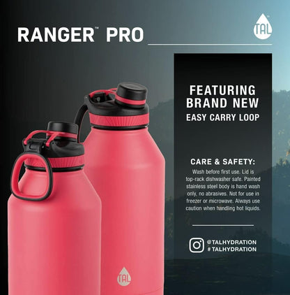 64OZ Ranger Pro Stainless Steel Vacuum Insulated Water Bottle - Leak-Proof Double Walled Thermos W/Carry Loop 80 Hrs Cold, 26 Hot Reusable Me Holds 8 Cups (WM2584) (Pink)