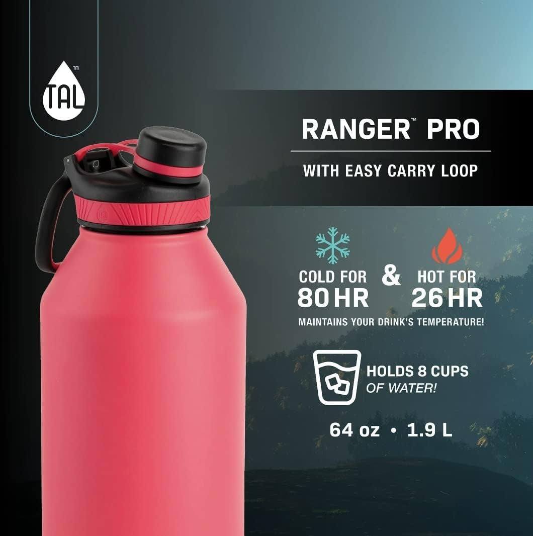 64OZ Ranger Pro Stainless Steel Vacuum Insulated Water Bottle - Leak-Proof Double Walled Thermos W/Carry Loop 80 Hrs Cold, 26 Hot Reusable Me Holds 8 Cups (WM2584) (Pink)