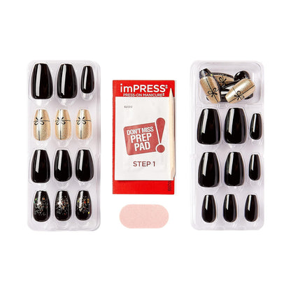 KISS  Limited Edition Holiday Press-On Manicure with Purefit Technology, Medium Length, Coffin Shaped, Black Press-On Nails, Style 'Naughty or Nice’