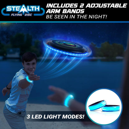 Stealth LED Flying Disc- Light up Disc for Adults and Kids, 49 Leds Glow in the Dark Disk, 2 Arm Bands, Sport Golf Ultimate Outdoor Game Set, Waterproof Glow Hover Disks (Black/Blue)