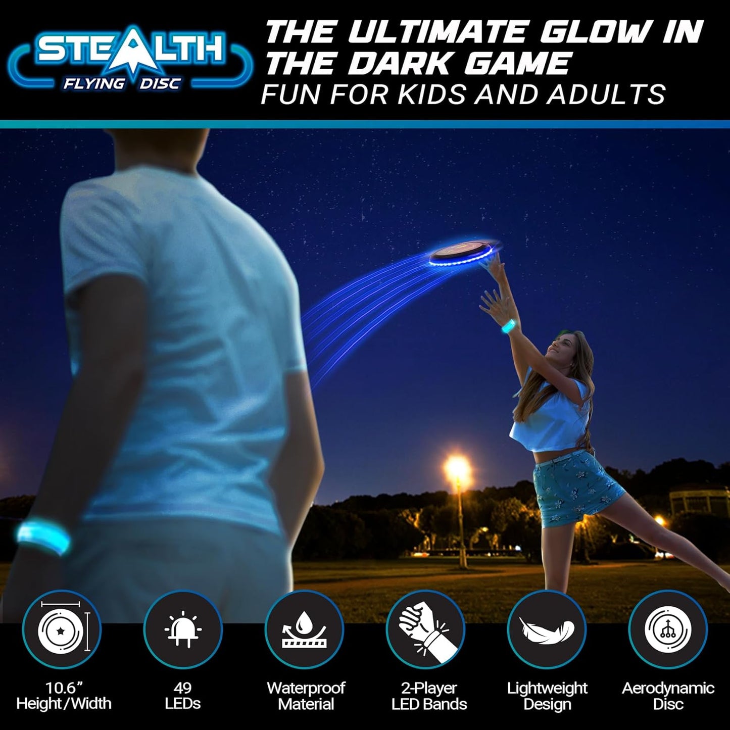 Stealth LED Flying Disc- Light up Disc for Adults and Kids, 49 Leds Glow in the Dark Disk, 2 Arm Bands, Sport Golf Ultimate Outdoor Game Set, Waterproof Glow Hover Disks (Black/Blue)