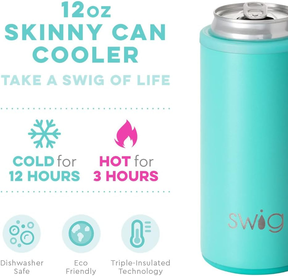 Swig Slim Can Cooler, Insulated Skinny Can Holder, Stainless Steel Can Cooler for Tall Skinny Cans, Skinny Can Cooler Compatible with White Claw, Truly, High Noon, Michelob Ultra (Aqua)