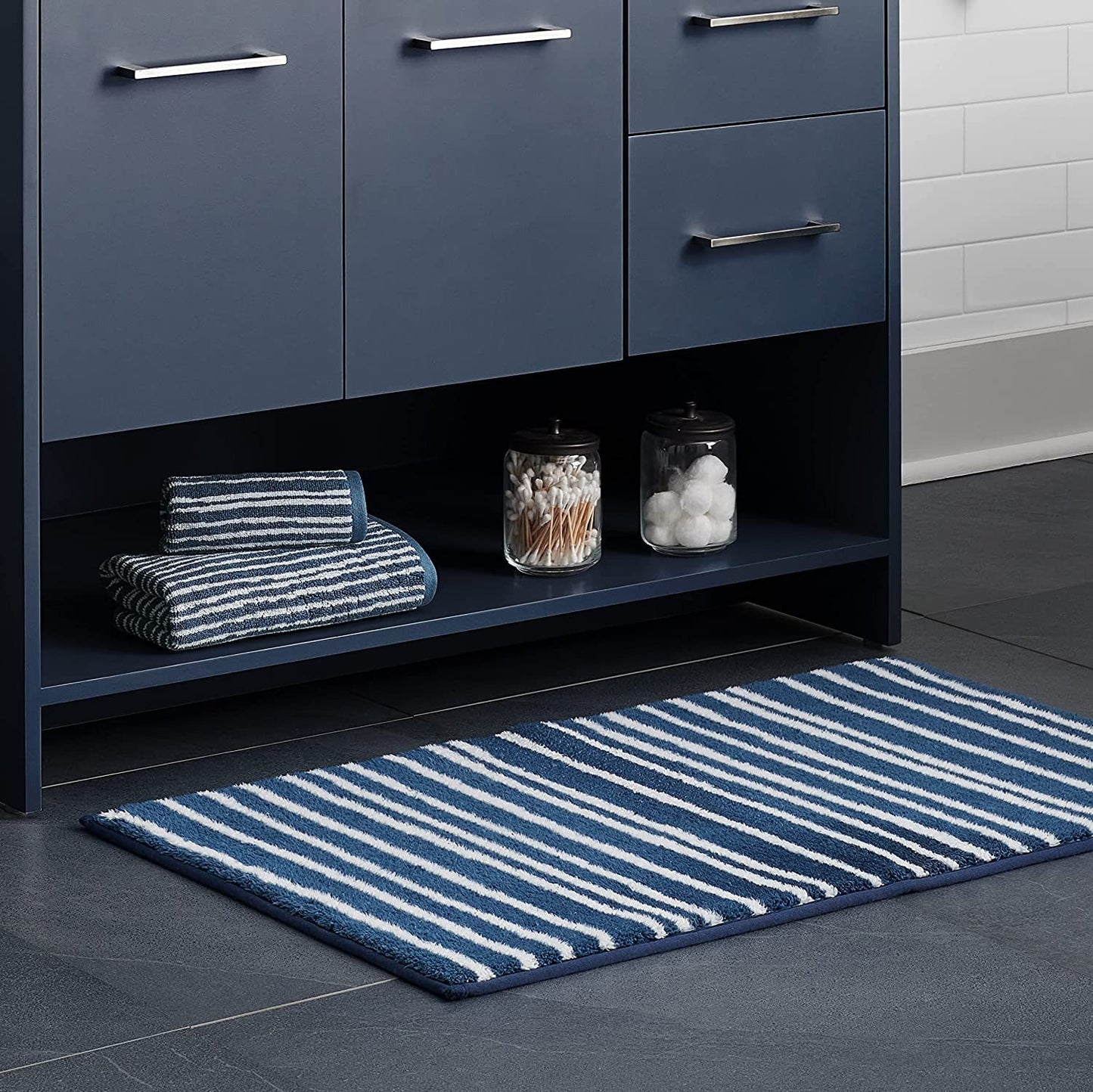 Scott Living Ambrose Drylon Bath Mat Rug | Stripe China Blue | 21" X 34" | Super Soft | Quick Dry | Ultra Absorbent | Durable | Designer Home Bath Rugs