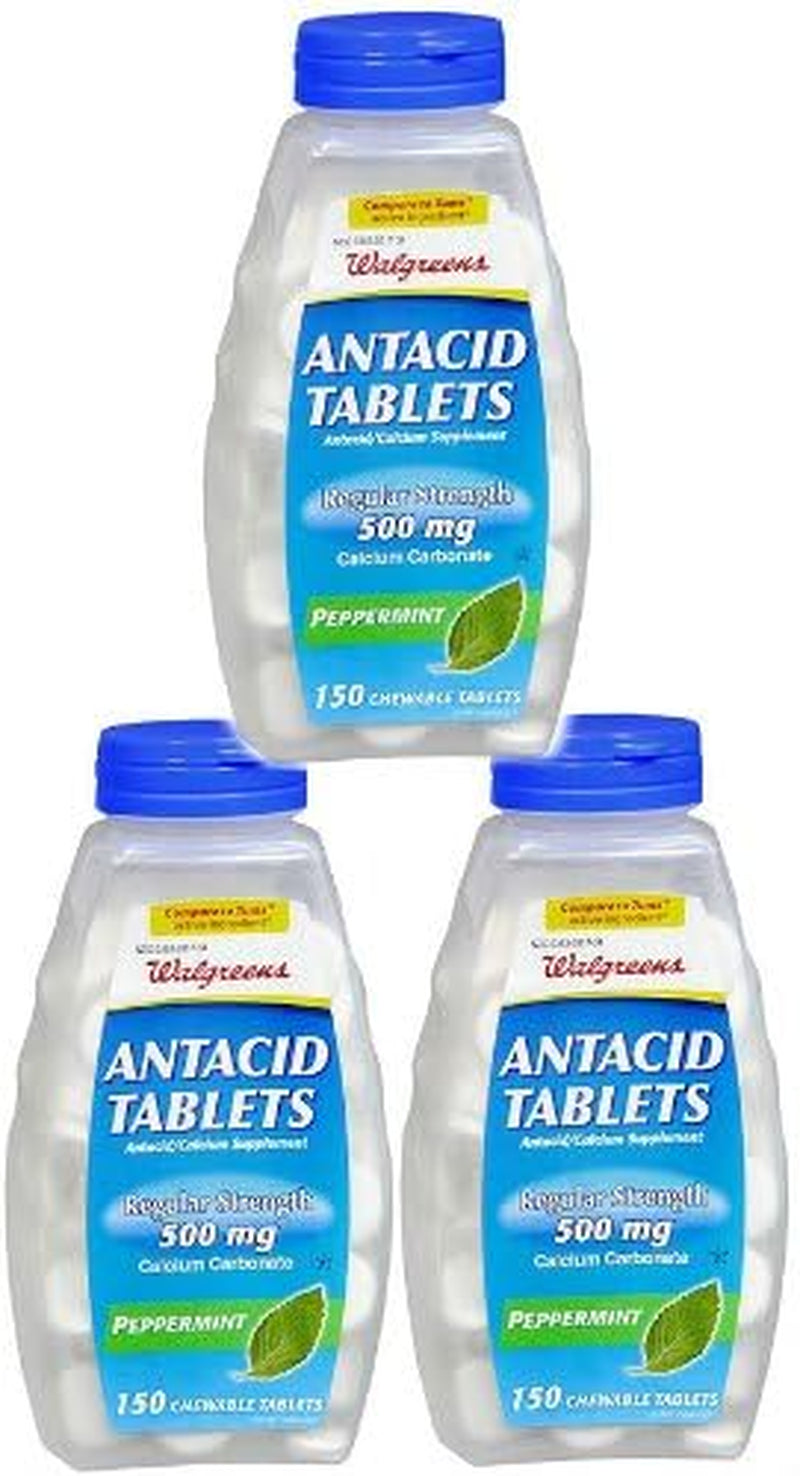 Regular Strength Antacid/Calcium Supplement Chewable Tablets, Peppermint, 500 Mg, 150 Tablets (Pack of 3 Bottles)