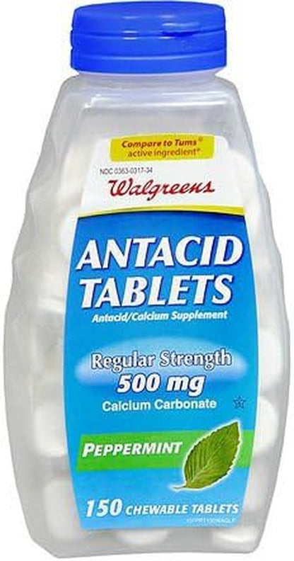 Regular Strength Antacid/Calcium Supplement Chewable Tablets, Peppermint, 500 Mg, 150 Tablets (Pack of 3 Bottles)